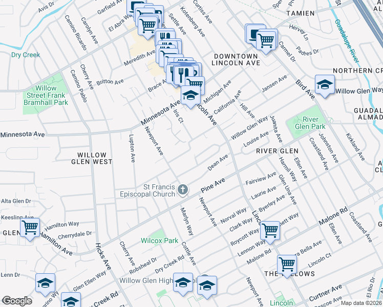 map of restaurants, bars, coffee shops, grocery stores, and more near 1136 Nevada Avenue in San Jose