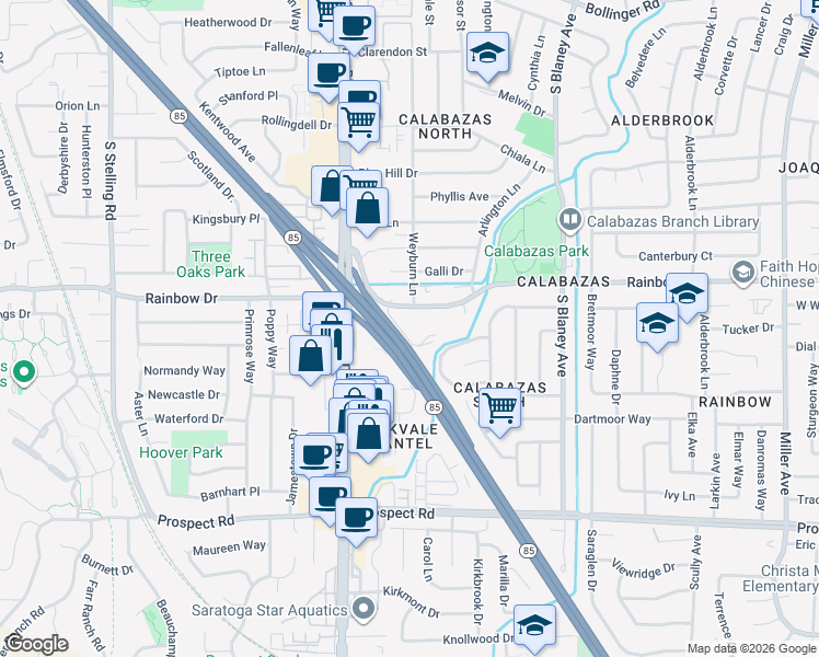 map of restaurants, bars, coffee shops, grocery stores, and more near 7150 Rainbow Drive in San Jose