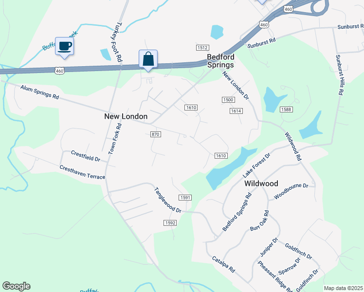 map of restaurants, bars, coffee shops, grocery stores, and more near 119 San Jose Place in Lynchburg