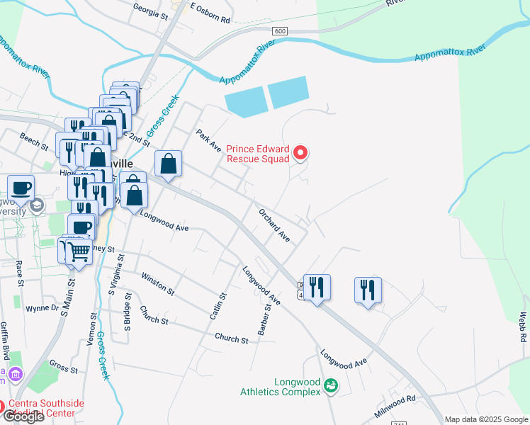 map of restaurants, bars, coffee shops, grocery stores, and more near 701 East 2nd Street in Farmville