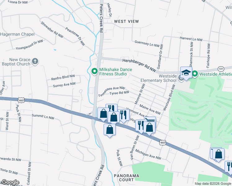 map of restaurants, bars, coffee shops, grocery stores, and more near Tyree Road Northwest in Roanoke