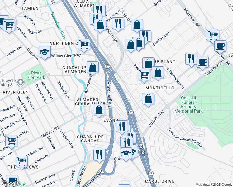 map of restaurants, bars, coffee shops, grocery stores, and more near 1800 Evans Lane in San Jose