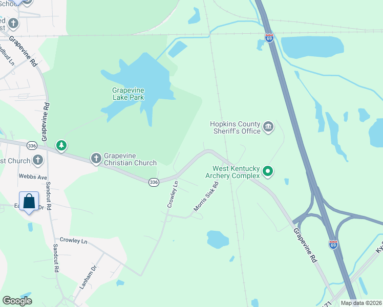 map of restaurants, bars, coffee shops, grocery stores, and more near 2700 Grapevine Road in Madisonville