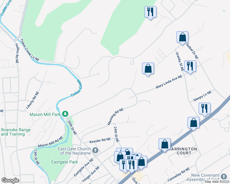 map of restaurants, bars, coffee shops, grocery stores, and more near 2402 Mason Mill Road Northeast in Roanoke