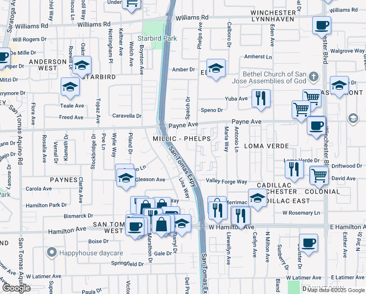 map of restaurants, bars, coffee shops, grocery stores, and more near 3586 Payne Avenue in San Jose