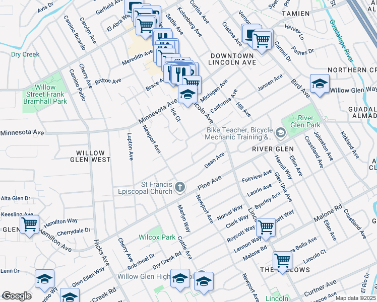 map of restaurants, bars, coffee shops, grocery stores, and more near 1136 Nevada Avenue in San Jose