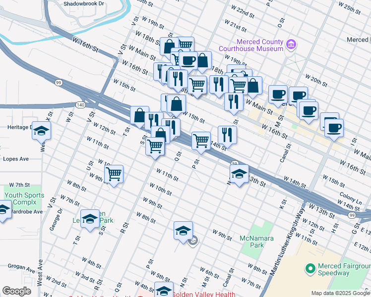 map of restaurants, bars, coffee shops, grocery stores, and more near 962 West 13th Street in Merced