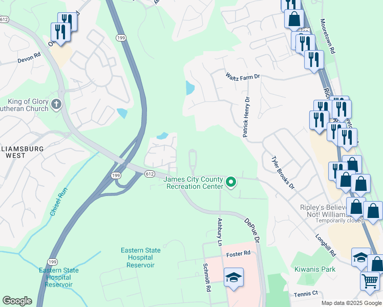 map of restaurants, bars, coffee shops, grocery stores, and more near 5194 Longhill Road in Williamsburg