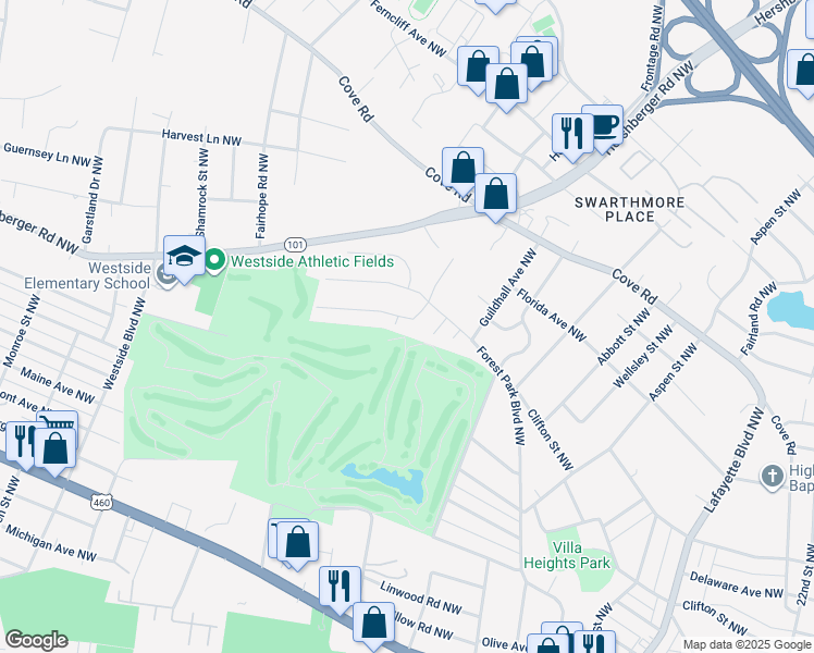 map of restaurants, bars, coffee shops, grocery stores, and more near 3306 Kershaw Road Northwest in Roanoke