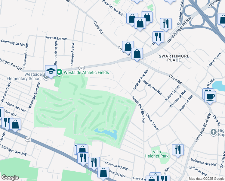 map of restaurants, bars, coffee shops, grocery stores, and more near 3306 Kershaw Road Northwest in Roanoke