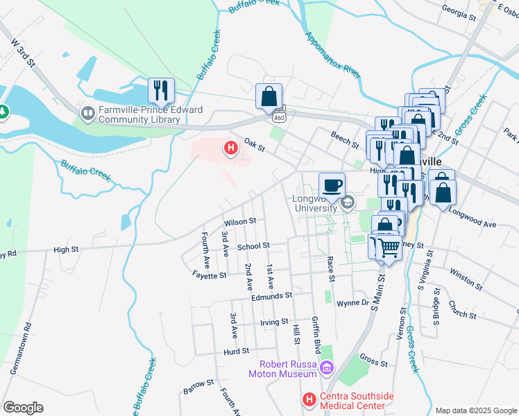 map of restaurants, bars, coffee shops, grocery stores, and more near 201 1st Avenue in Farmville