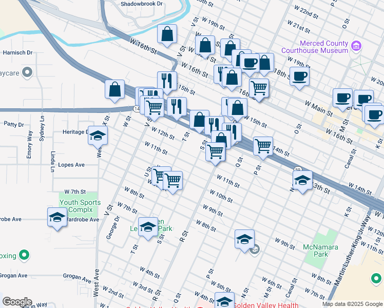 map of restaurants, bars, coffee shops, grocery stores, and more near 1260 T Street in Merced