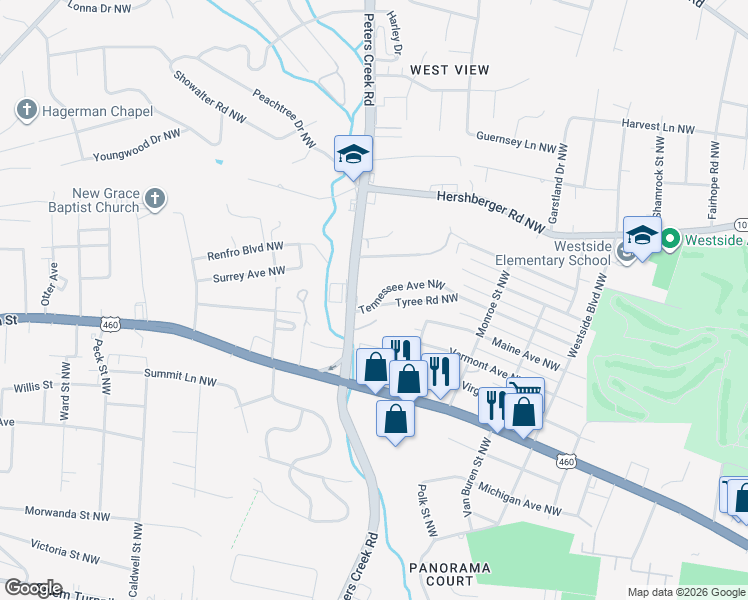 map of restaurants, bars, coffee shops, grocery stores, and more near 1329 Peters Creek Road in Roanoke