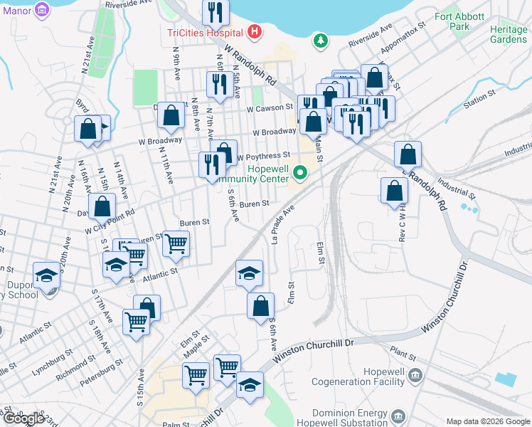 map of restaurants, bars, coffee shops, grocery stores, and more near 205 South 4th Avenue in Hopewell