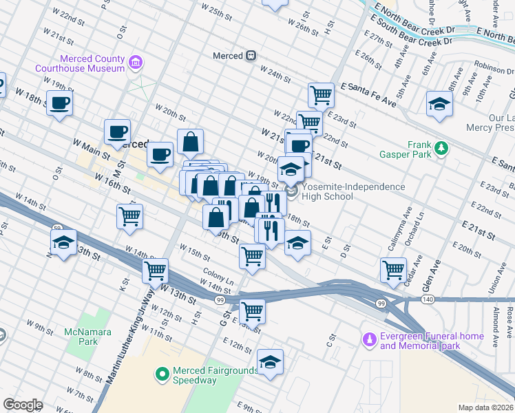 map of restaurants, bars, coffee shops, grocery stores, and more near 46 West 18th Street in Merced