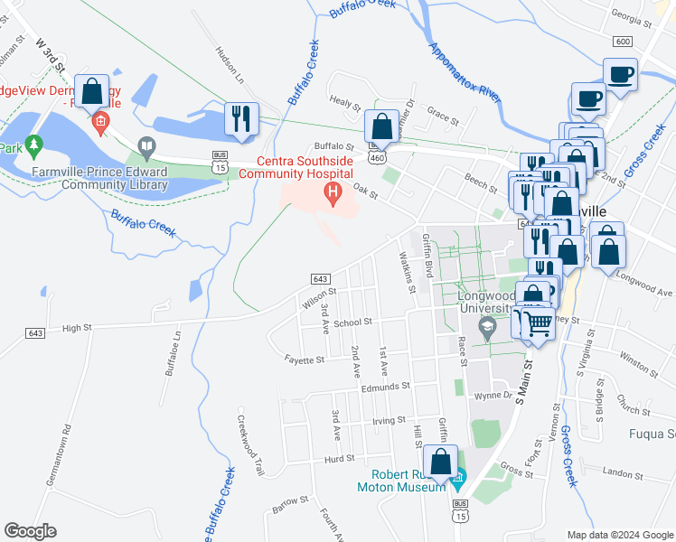 map of restaurants, bars, coffee shops, grocery stores, and more near 908 High Street in Farmville
