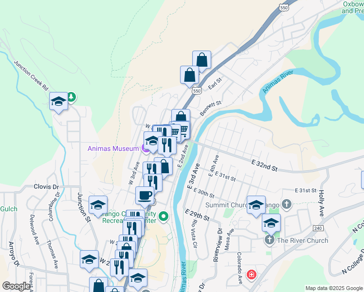 map of restaurants, bars, coffee shops, grocery stores, and more near 3130 Main Avenue in Durango
