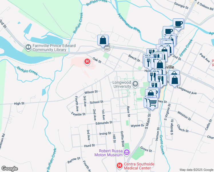 map of restaurants, bars, coffee shops, grocery stores, and more near Watkins Street in Farmville