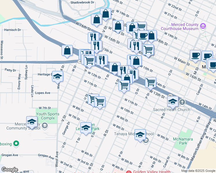 map of restaurants, bars, coffee shops, grocery stores, and more near 1241 12th Place in Merced