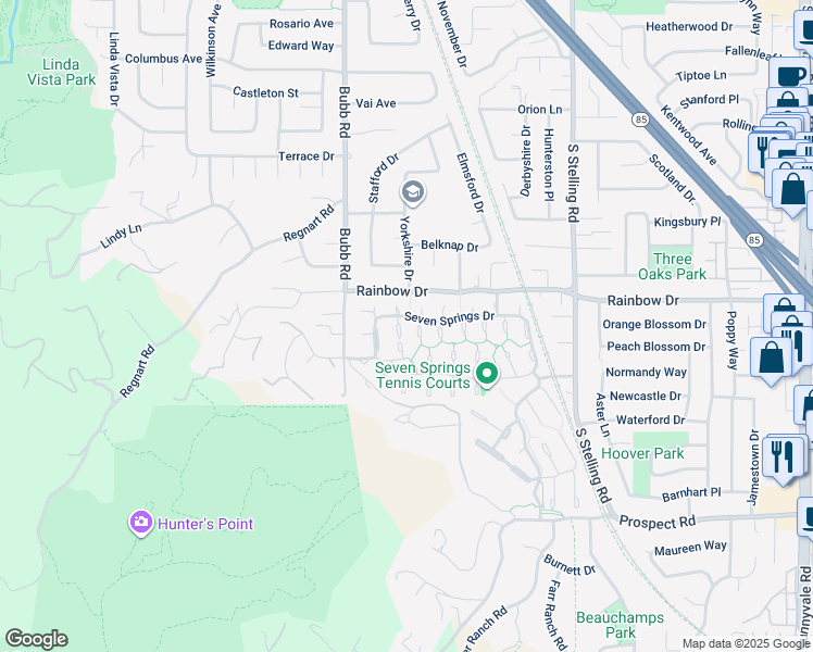 map of restaurants, bars, coffee shops, grocery stores, and more near 11519 Rock Spring Court in Cupertino