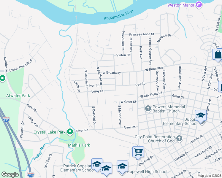 map of restaurants, bars, coffee shops, grocery stores, and more near 3205 Day Street in Hopewell