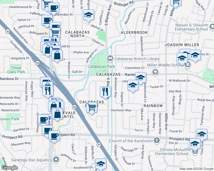 map of restaurants, bars, coffee shops, grocery stores, and more near 1351 Kintyre Way in San Jose