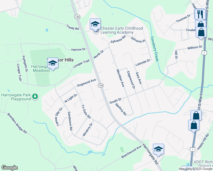 map of restaurants, bars, coffee shops, grocery stores, and more near 15919 Harrowgate Road in Chester