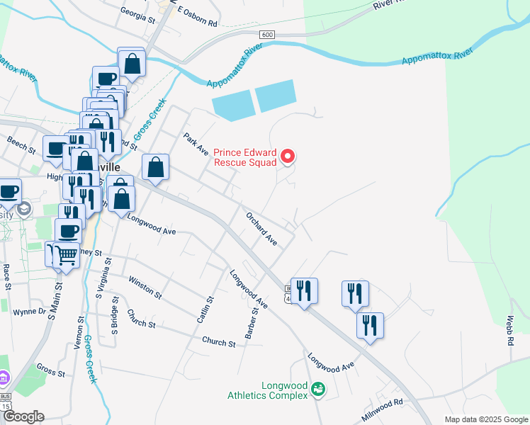 map of restaurants, bars, coffee shops, grocery stores, and more near 406 Doswell Street in Farmville