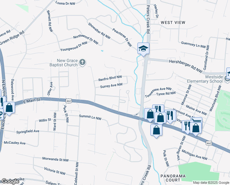 map of restaurants, bars, coffee shops, grocery stores, and more near 4531 Edgelawn Avenue Northwest in Roanoke