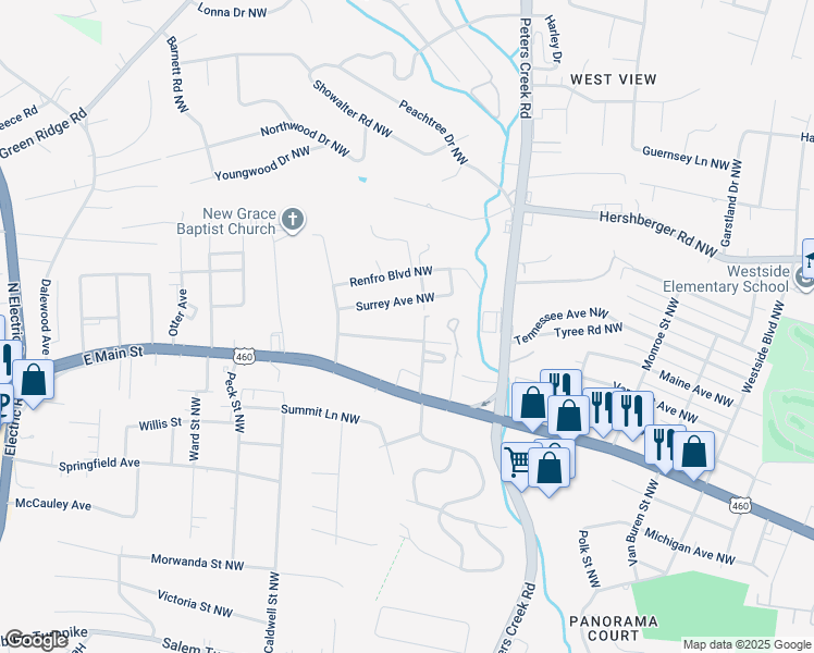 map of restaurants, bars, coffee shops, grocery stores, and more near 4531 Edgelawn Avenue Northwest in Roanoke