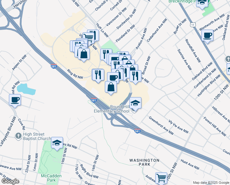 map of restaurants, bars, coffee shops, grocery stores, and more near 4737 Valley View Boulevard Northwest in Roanoke