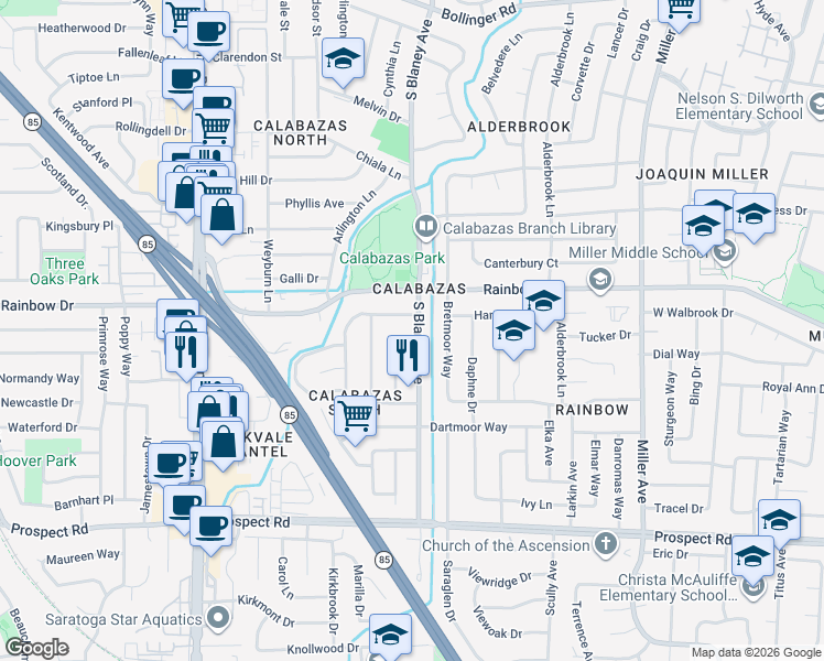 map of restaurants, bars, coffee shops, grocery stores, and more near 1351 Kintyre Way in San Jose