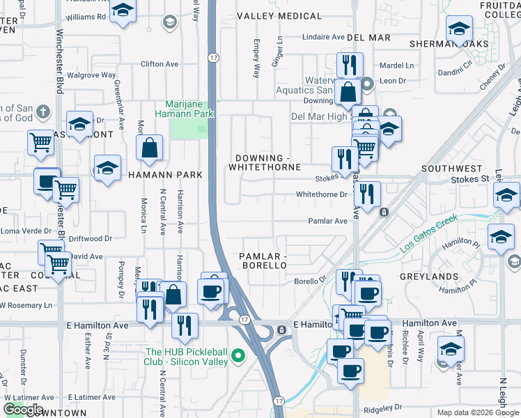 map of restaurants, bars, coffee shops, grocery stores, and more near 2493 Whitethorne Drive in San Jose