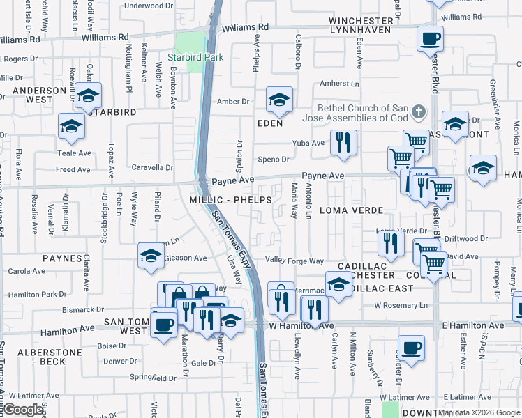 map of restaurants, bars, coffee shops, grocery stores, and more near 1348 Merrivale West Square in San Jose