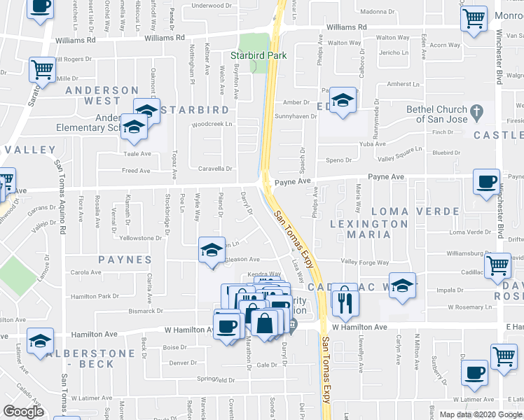 map of restaurants, bars, coffee shops, grocery stores, and more near in San Jose