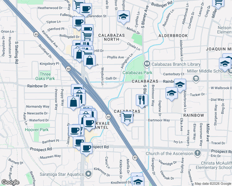 map of restaurants, bars, coffee shops, grocery stores, and more near 7101 Rainbow Drive in San Jose