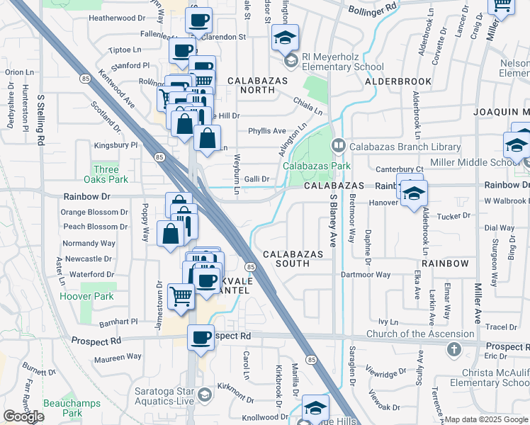 map of restaurants, bars, coffee shops, grocery stores, and more near 7101 Rainbow Drive in San Jose