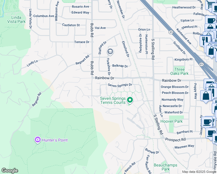 map of restaurants, bars, coffee shops, grocery stores, and more near 11519 Rock Spring Court in Cupertino