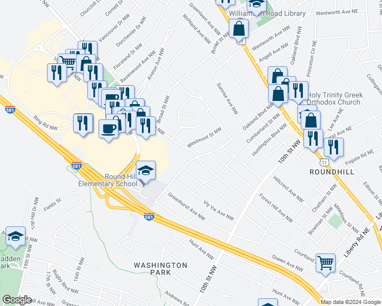 map of restaurants, bars, coffee shops, grocery stores, and more near 3614 Greenland Avenue Northwest in Roanoke