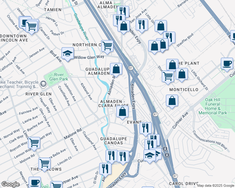 map of restaurants, bars, coffee shops, grocery stores, and more near 1930 Almaden Road in San Jose