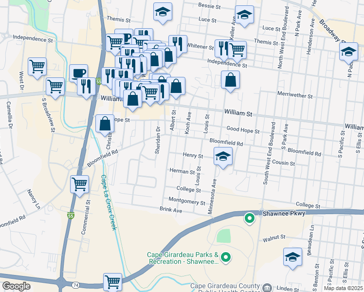 map of restaurants, bars, coffee shops, grocery stores, and more near 421 Koch Avenue in Cape Girardeau