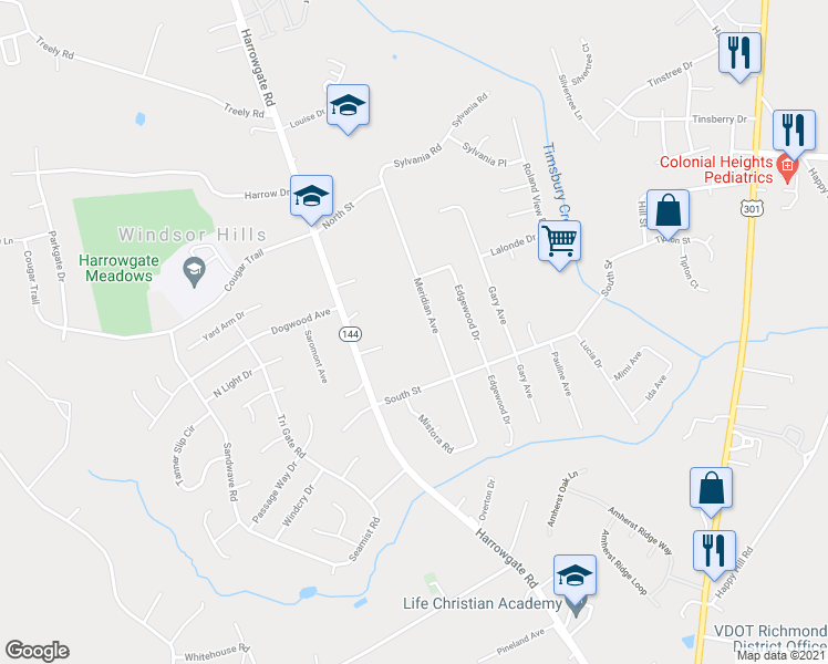 map of restaurants, bars, coffee shops, grocery stores, and more near 16000 Meridian Avenue in Chester