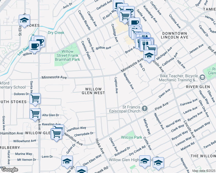 map of restaurants, bars, coffee shops, grocery stores, and more near 1424 Cherry Avenue in San Jose