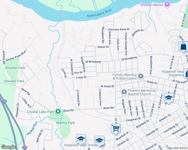 map of restaurants, bars, coffee shops, grocery stores, and more near 3303 Luray Street in Hopewell