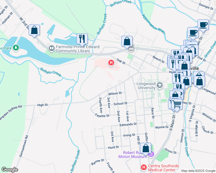 map of restaurants, bars, coffee shops, grocery stores, and more near 908 High Street in Farmville