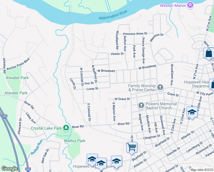 map of restaurants, bars, coffee shops, grocery stores, and more near 3303 Luray Street in Hopewell