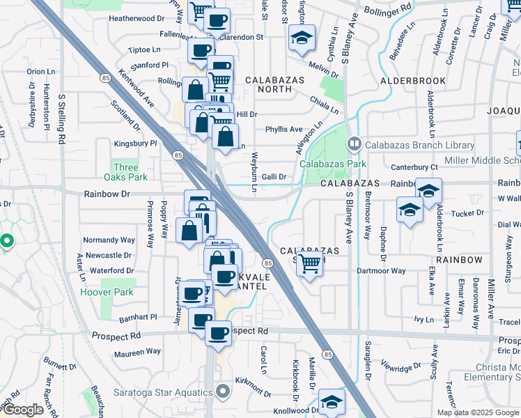 map of restaurants, bars, coffee shops, grocery stores, and more near 7130 Rainbow Drive in San Jose