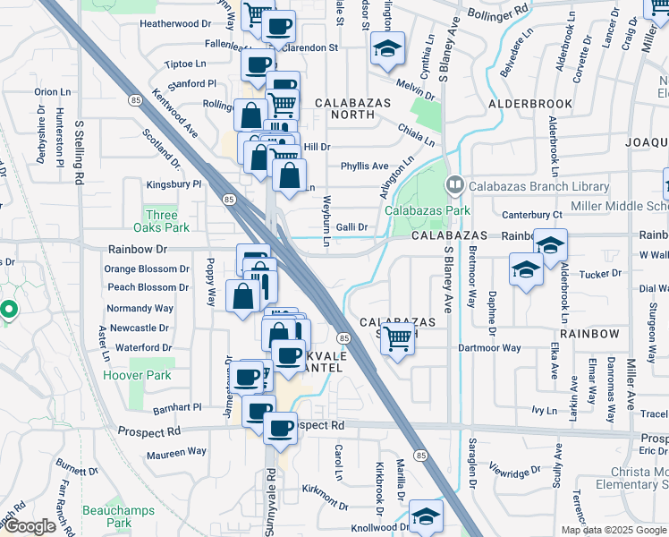 map of restaurants, bars, coffee shops, grocery stores, and more near 7130 Rainbow Drive in San Jose