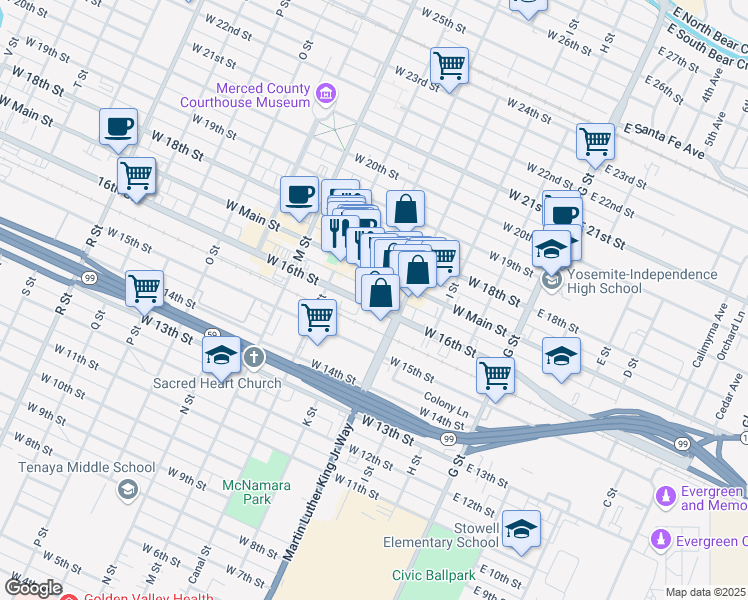 map of restaurants, bars, coffee shops, grocery stores, and more near 350 West Main Street in Merced