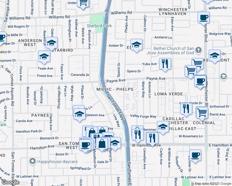 map of restaurants, bars, coffee shops, grocery stores, and more near 3586 Payne Avenue in San Jose